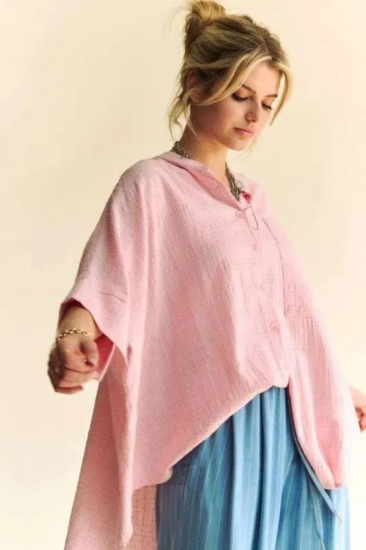 Davi & Dani Rhinestone Pleat Back Short Sleeve Loose Fit Shirt