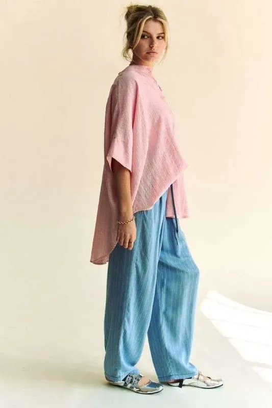 Davi & Dani Rhinestone Pleat Back Short Sleeve Loose Fit Shirt