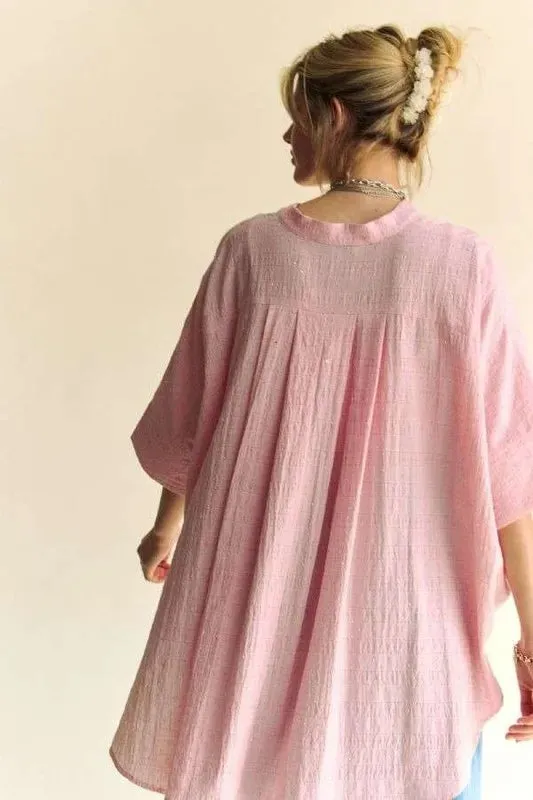 Davi & Dani Rhinestone Pleat Back Short Sleeve Loose Fit Shirt