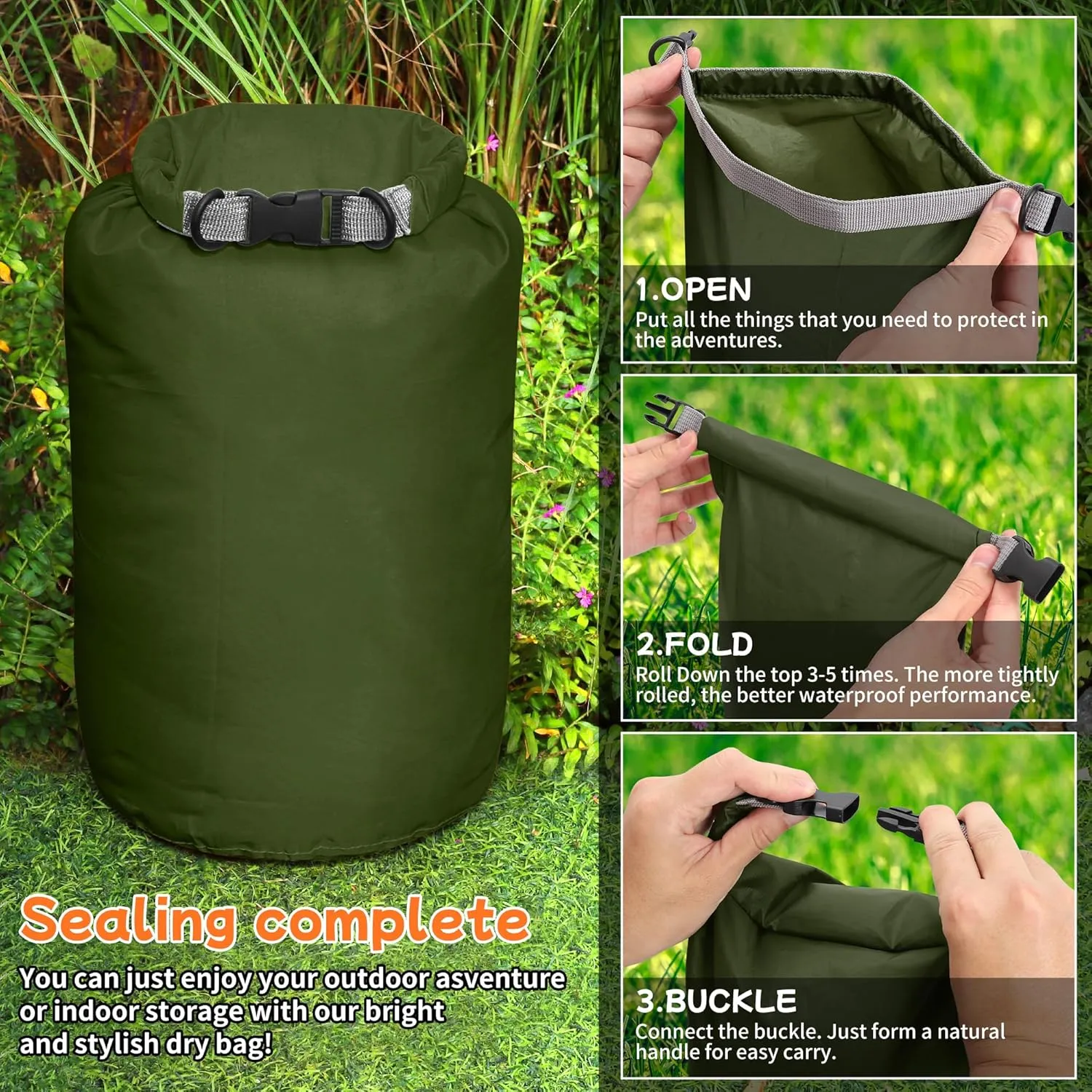 Desoto Waterproof Dry Bag 2 packs, 2L/5L/10L/20L/40L/70L Dry Sack Lightweight Portable, Dry Storage Bag to Keep Gear Dry Clean for Kayaking, Gym, Hiking, Swimming, Camping (Army Green, 20L)