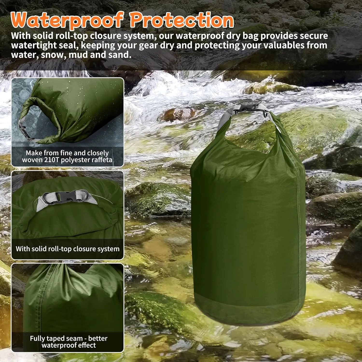 Desoto Waterproof Dry Bag 2 packs, 2L/5L/10L/20L/40L/70L Dry Sack Lightweight Portable, Dry Storage Bag to Keep Gear Dry Clean for Kayaking, Gym, Hiking, Swimming, Camping (Army Green, 20L)