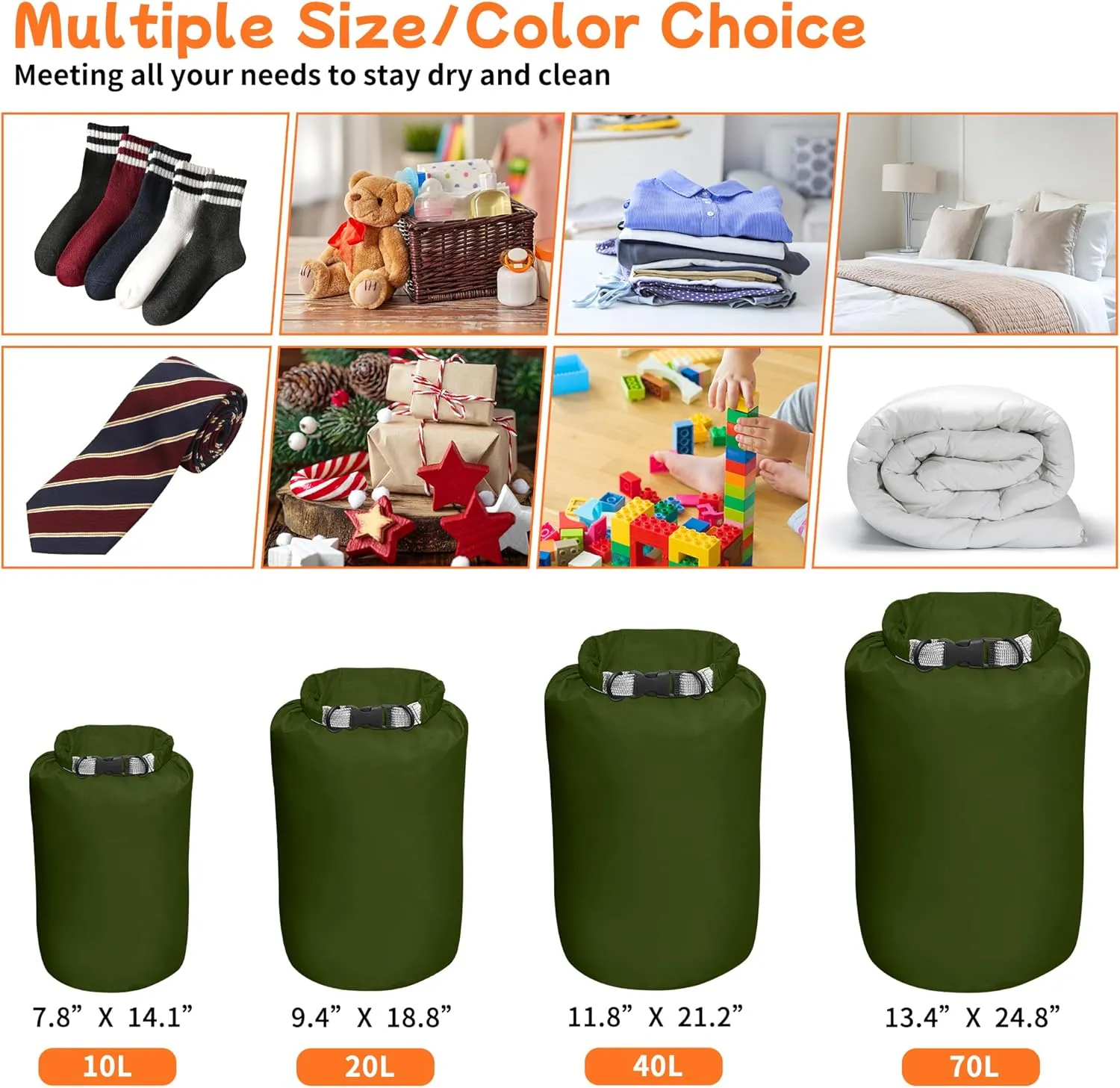 Desoto Waterproof Dry Bag 2 packs, 2L/5L/10L/20L/40L/70L Dry Sack Lightweight Portable, Dry Storage Bag to Keep Gear Dry Clean for Kayaking, Gym, Hiking, Swimming, Camping (Army Green, 20L)