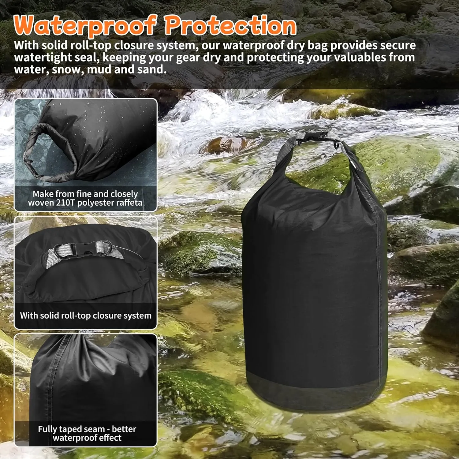 Desoto Waterproof Dry Bag 2 packs, 2L/5L/10L/20L/40L/70L Dry Sack Lightweight Portable, Dry Storage Bag to Keep Gear Dry Clean for Kayaking, Gym, Hiking, Swimming, Camping (Black, 70L)