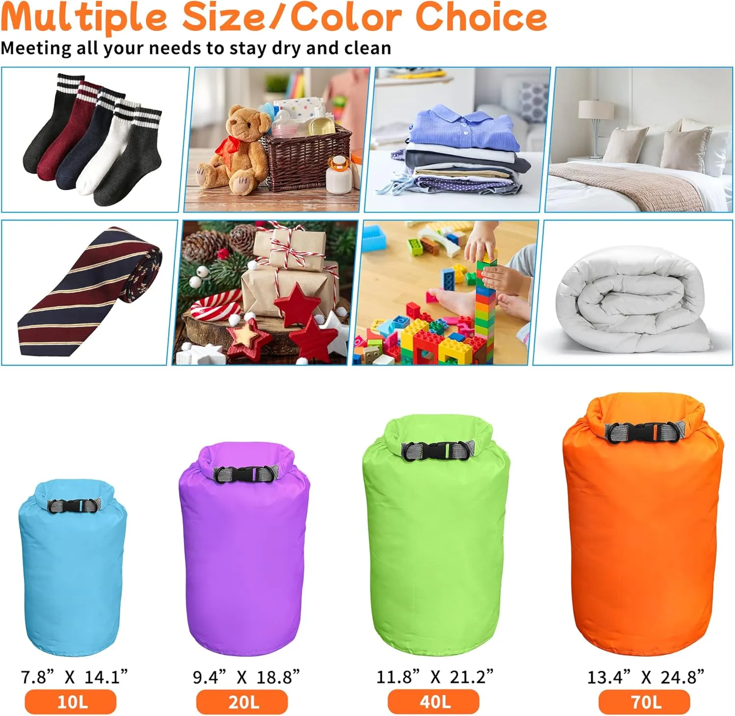 Desoto Waterproof Dry Bag 2 packs, 2L/5L/10L/20L/40L/70L Dry Sack Lightweight Portable, Dry Storage Bag to Keep Gear Dry Clean for Kayaking, Gym, Hiking, Swimming, Camping (Orange, 70L)