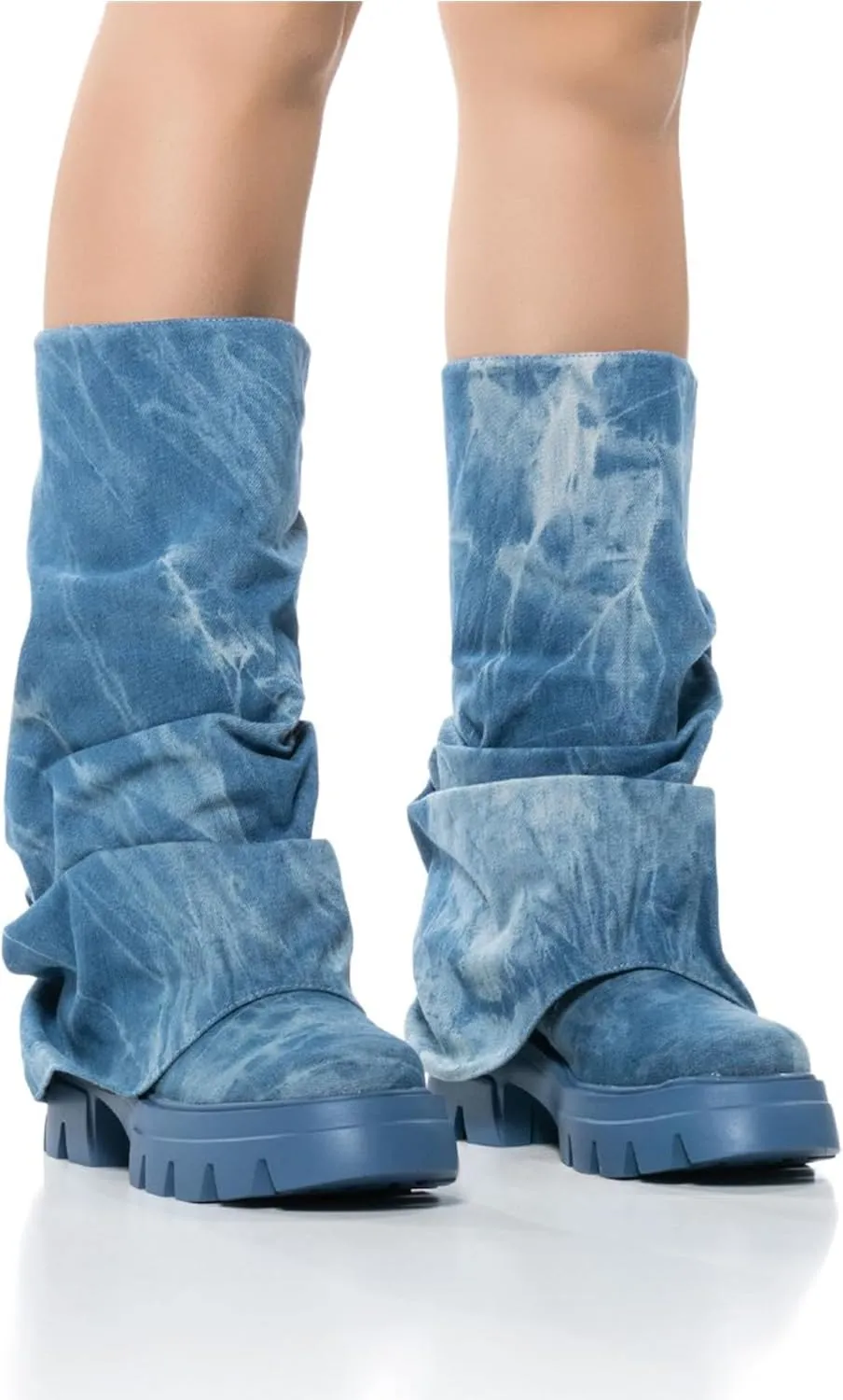 DETOGNI Women's Metallic Mid Calf Pull-On Fit Boots Scrunched Foldover Chunky Platform Sole Rounded Toe Booties