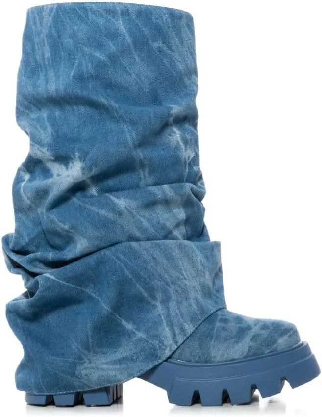 DETOGNI Women's Metallic Mid Calf Pull-On Fit Boots Scrunched Foldover Chunky Platform Sole Rounded Toe Booties