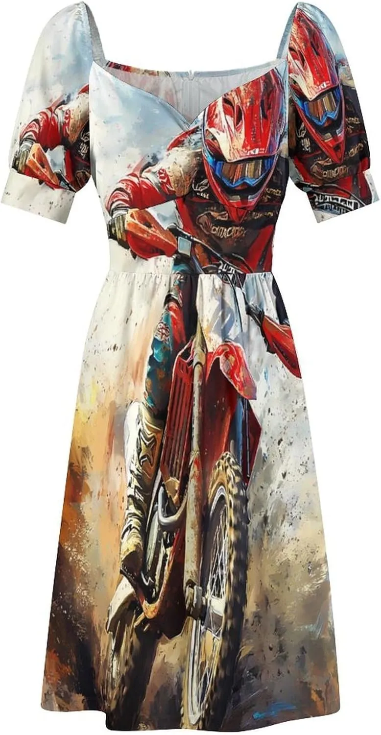 Dirt Bike Rider Motorcycle Women Casual Dresses Puff Sleeves Sundress Printed High Waist