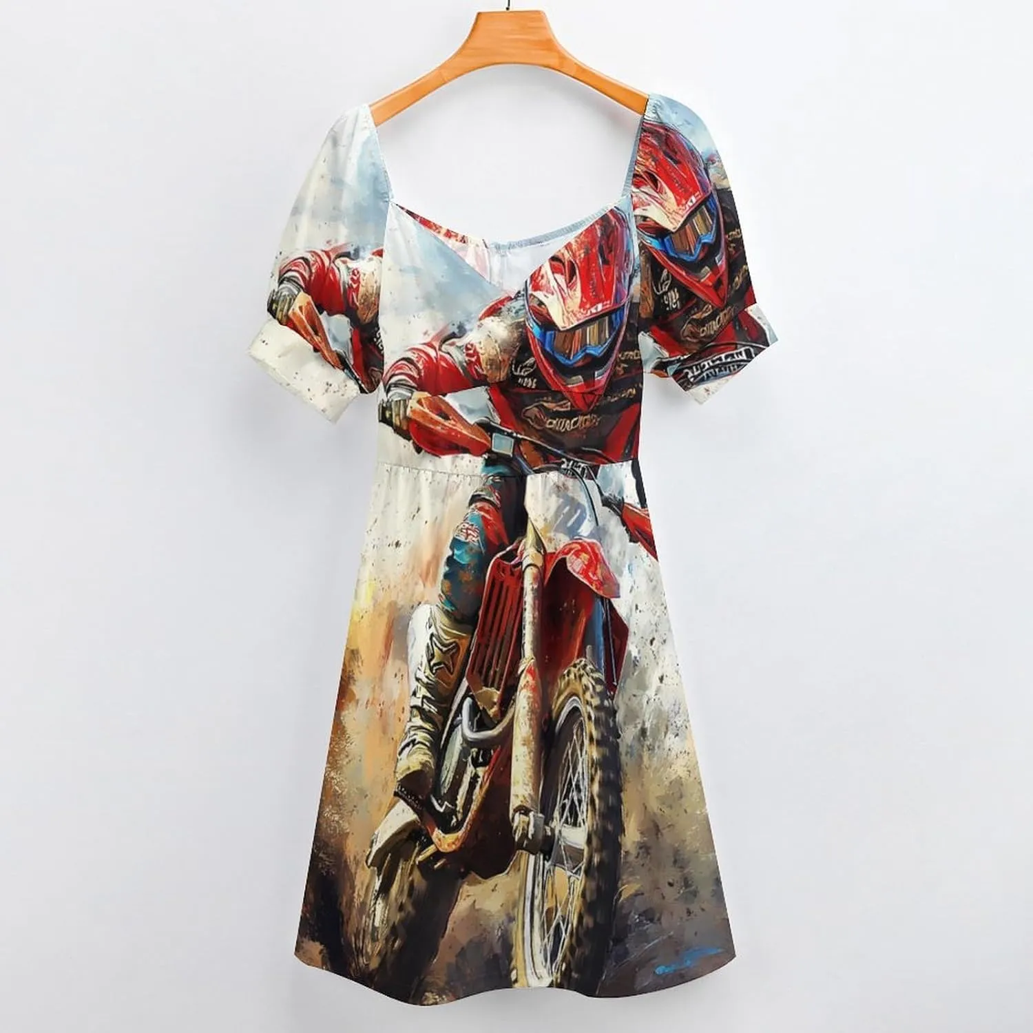 Dirt Bike Rider Motorcycle Women Casual Dresses Puff Sleeves Sundress Printed High Waist
