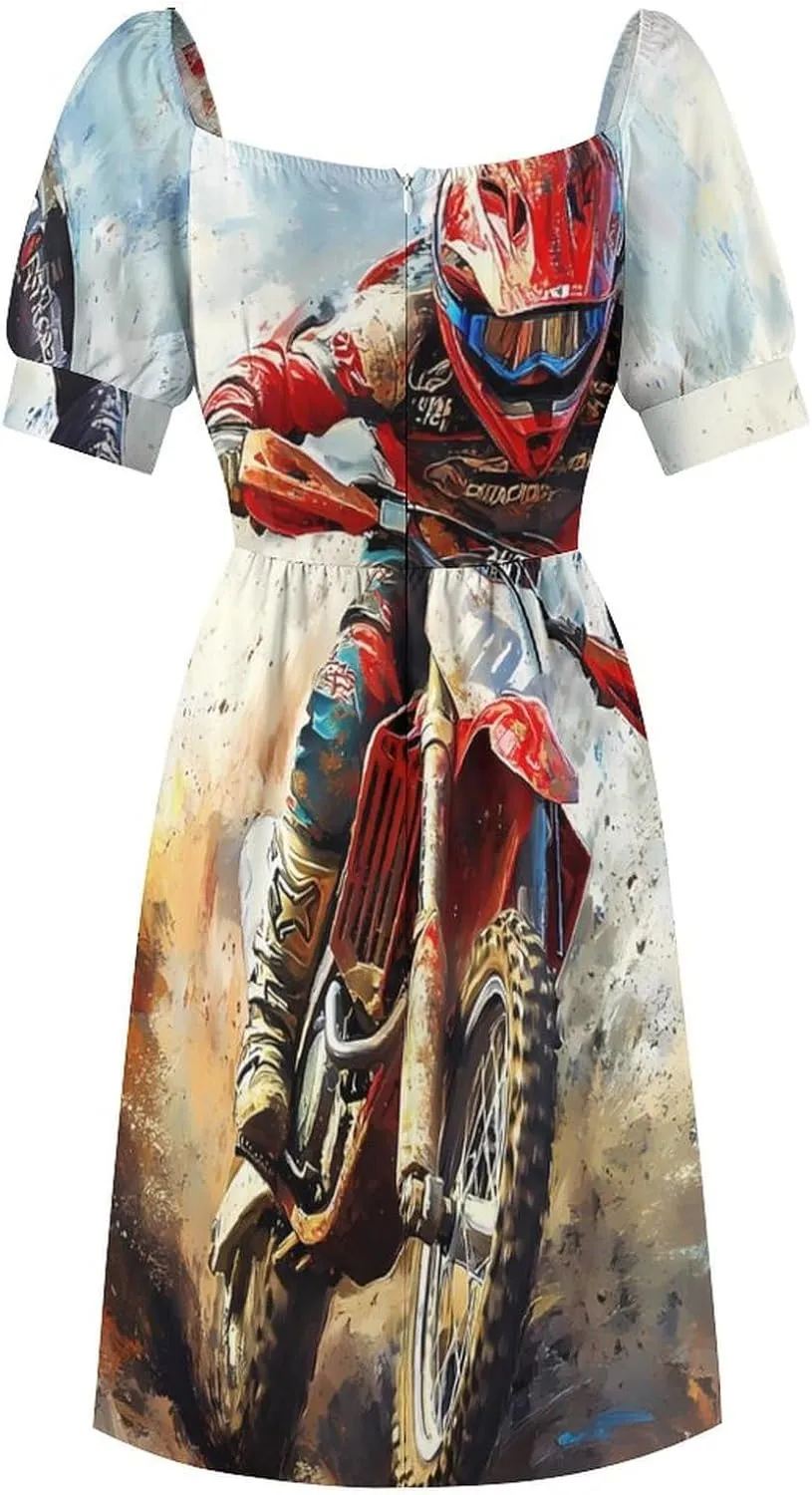 Dirt Bike Rider Motorcycle Women Casual Dresses Puff Sleeves Sundress Printed High Waist
