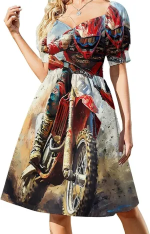 Dirt Bike Rider Motorcycle Women Casual Dresses Puff Sleeves Sundress Printed High Waist
