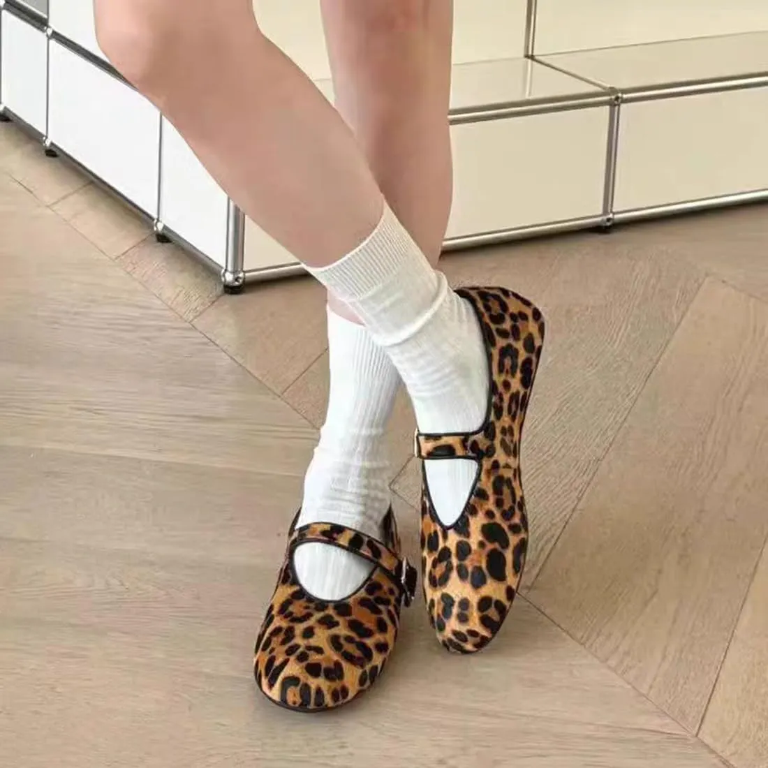 Divanne Ballet Flats for Women, Leopard Ballerina Shoes Crystal-Embellished Mary Jane Flats Mesh Flat Shoes