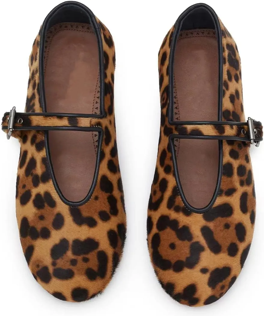Divanne Ballet Flats for Women, Leopard Ballerina Shoes Crystal-Embellished Mary Jane Flats Mesh Flat Shoes