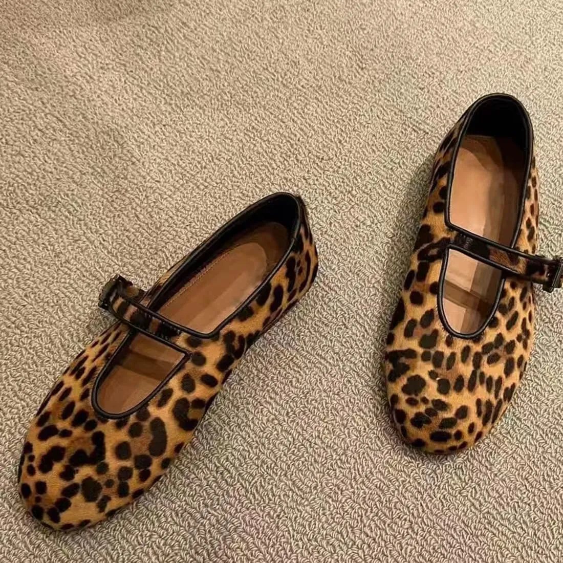 Divanne Ballet Flats for Women, Leopard Ballerina Shoes Crystal-Embellished Mary Jane Flats Mesh Flat Shoes