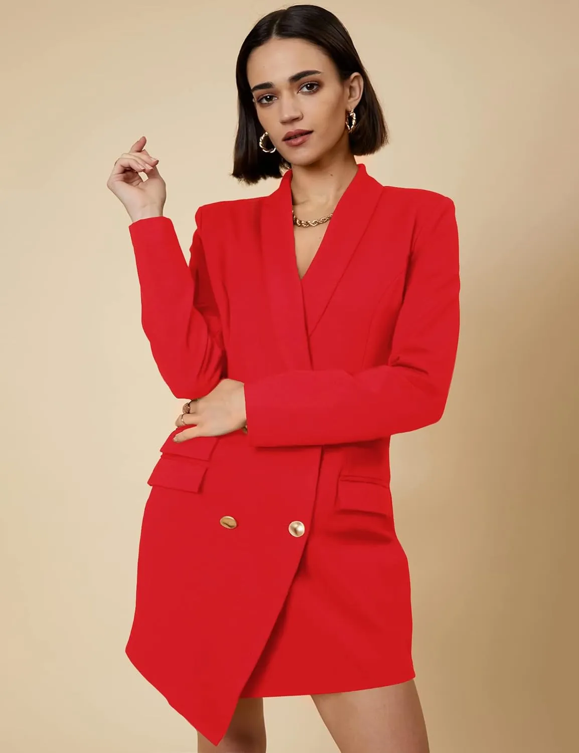 Double Breasted Gold Button Blazer Dress for Women Sexy - Asymmetric Long Blazers Jackets Outfit