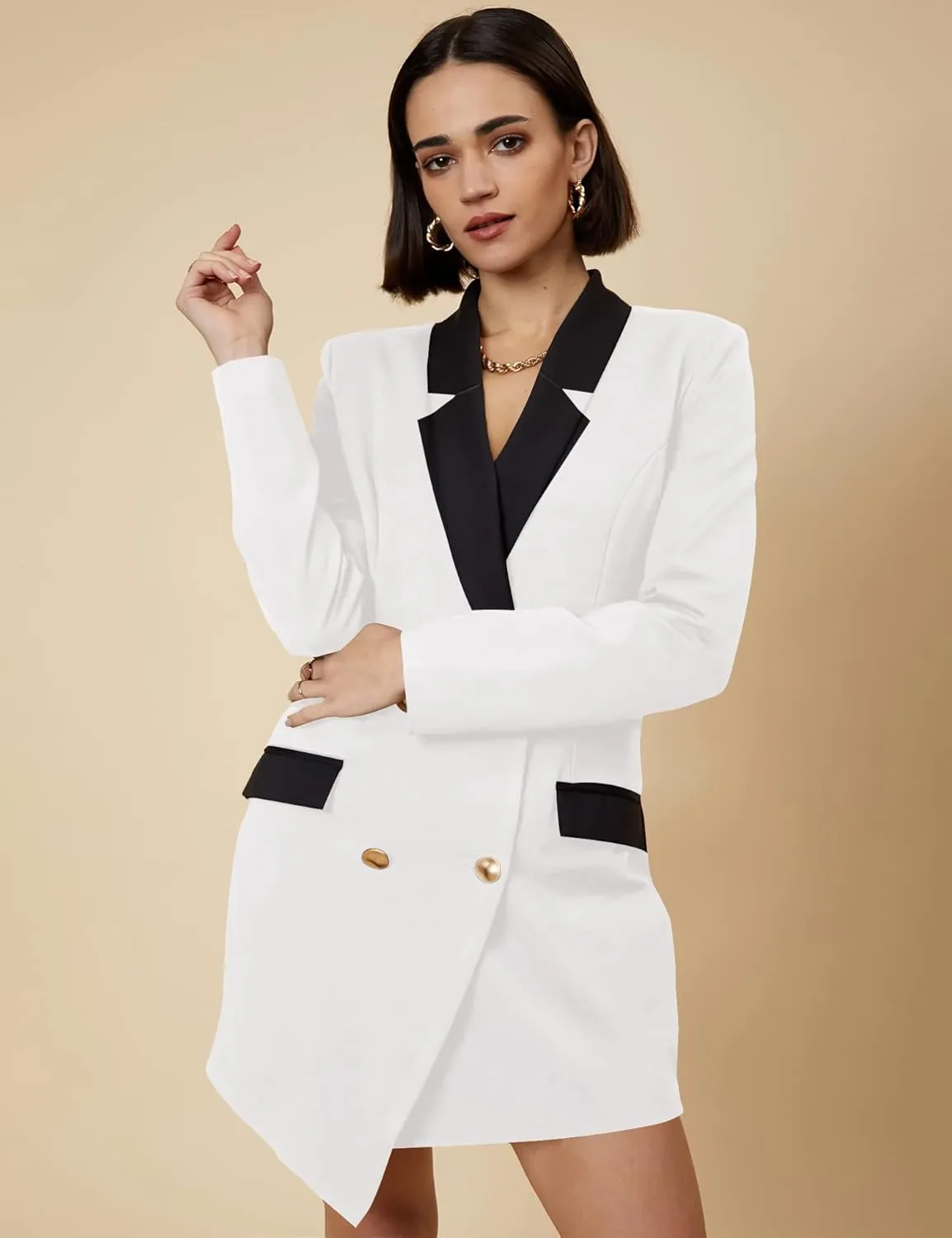 Double Breasted Gold Button Blazer Dress for Women Sexy - Asymmetric Long Blazers Jackets Outfit