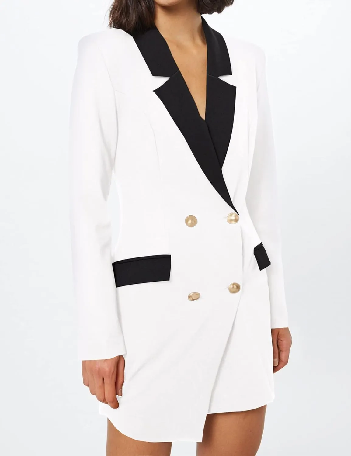 Double Breasted Gold Button Blazer Dress for Women Sexy - Asymmetric Long Blazers Jackets Outfit