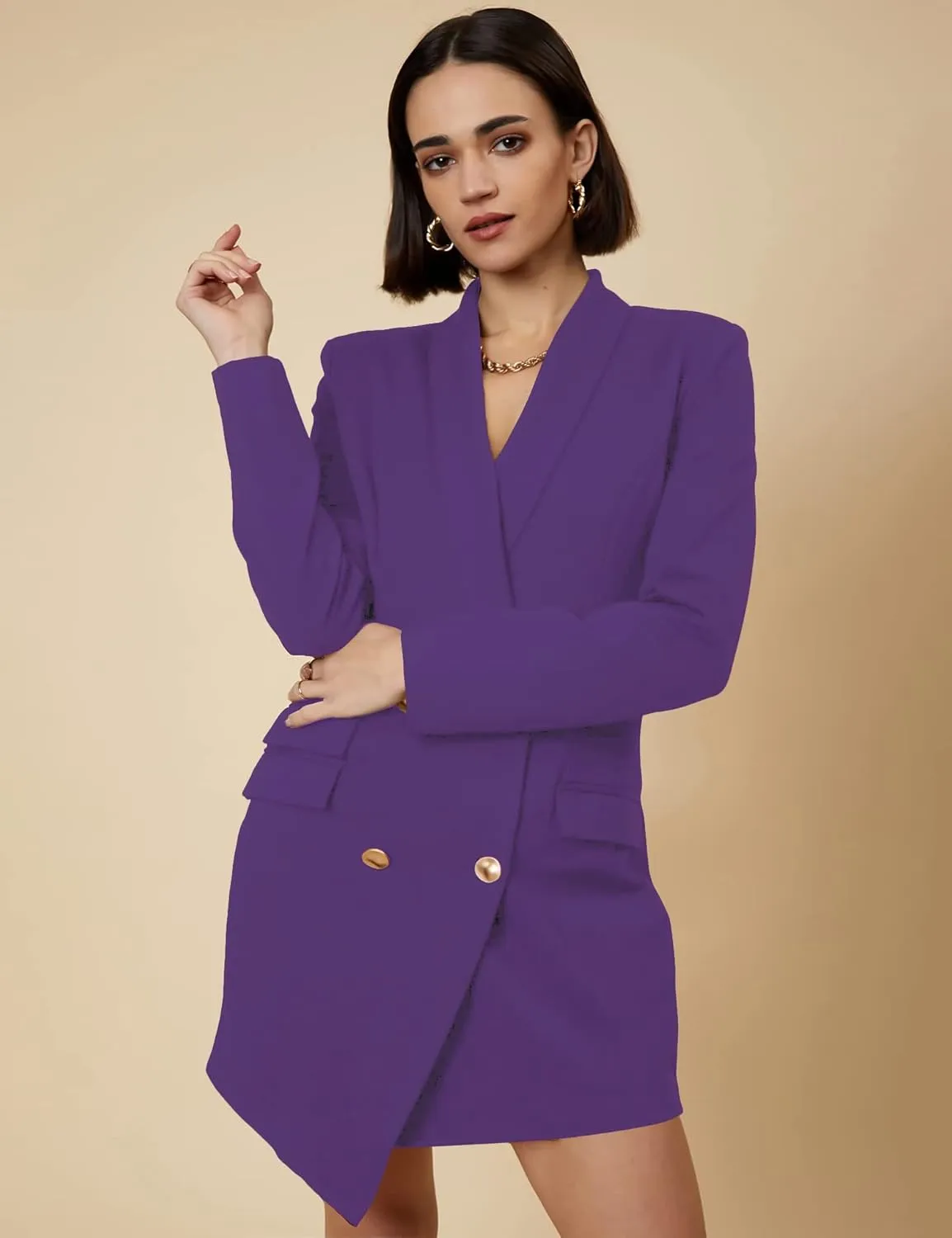 Double Breasted Gold Button Blazer Dress for Women Sexy - Asymmetric Long Blazers Jackets Outfit