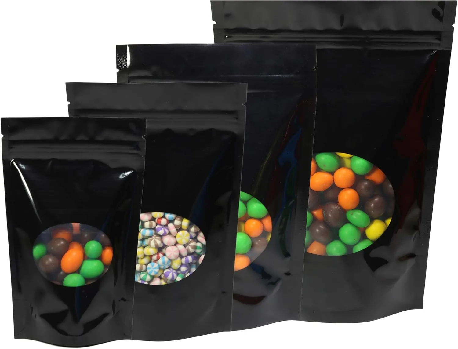 Double-Sided Matte/Glossy Color with Clear Round Window Stand-Up Pouch (100 Bags/Pack) (6.3" x 8.7", Glossy Black)