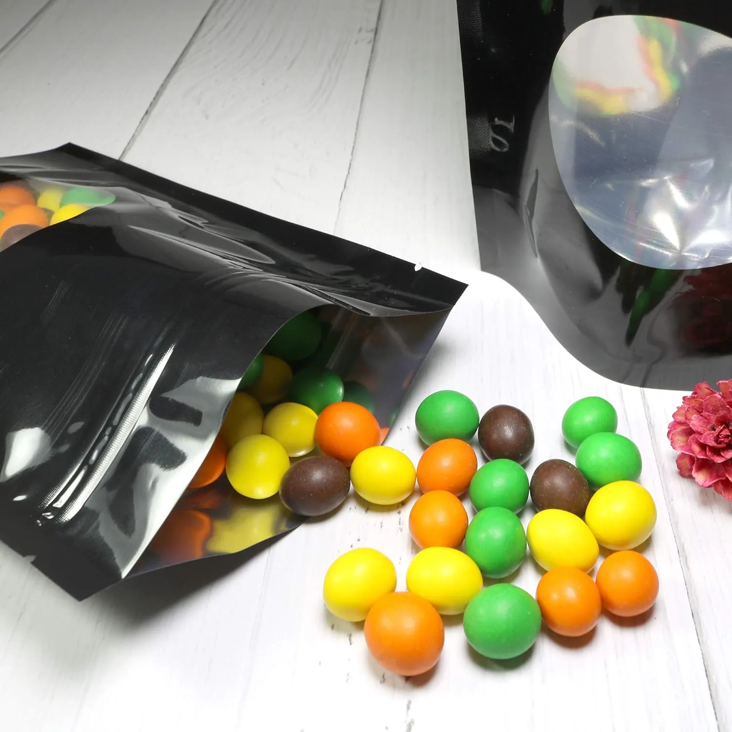 Double-Sided Matte/Glossy Color with Clear Round Window Stand-Up Pouch (100 Bags/Pack) (6.3" x 8.7", Glossy Black)