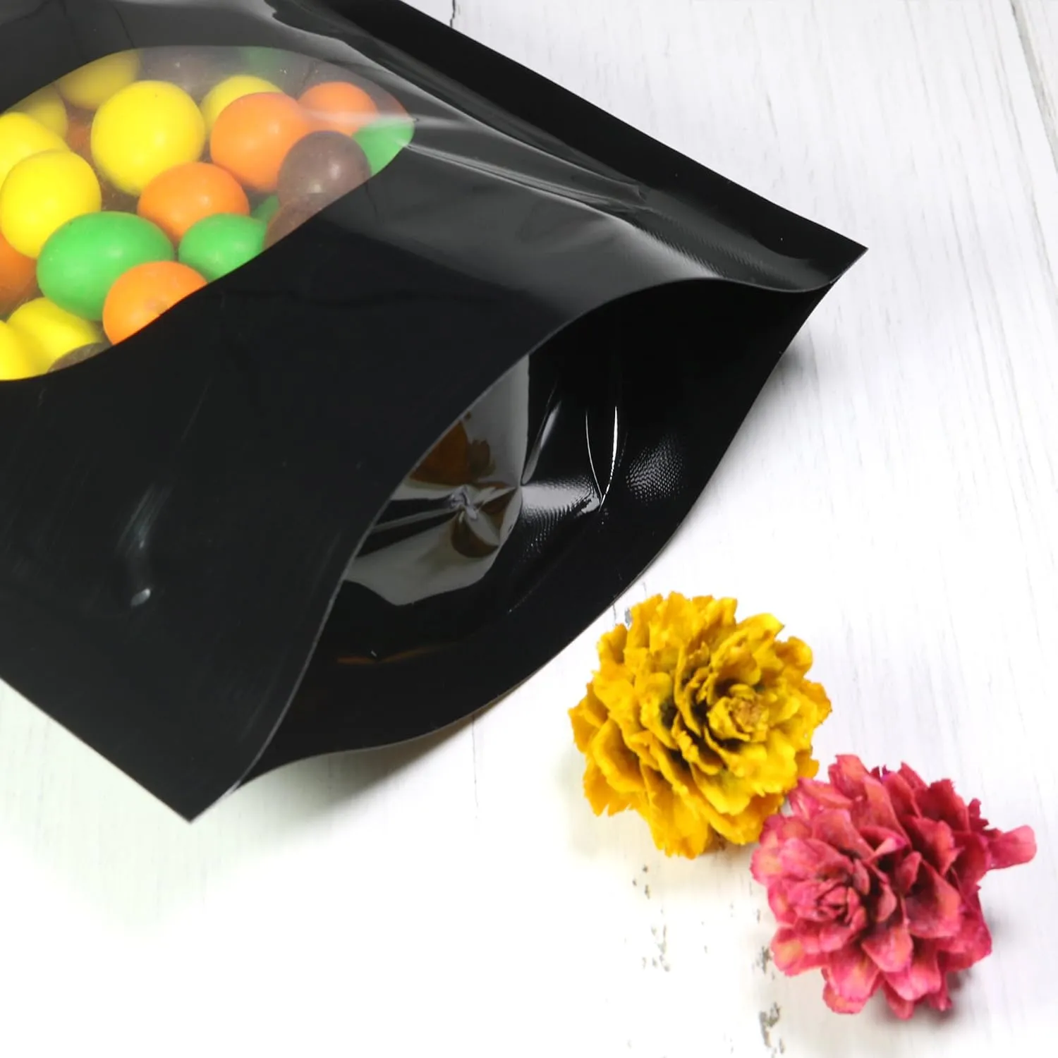 Double-Sided Matte/Glossy Color with Clear Round Window Stand-Up Pouch (100 Bags/Pack) (6.3" x 8.7", Glossy Black)