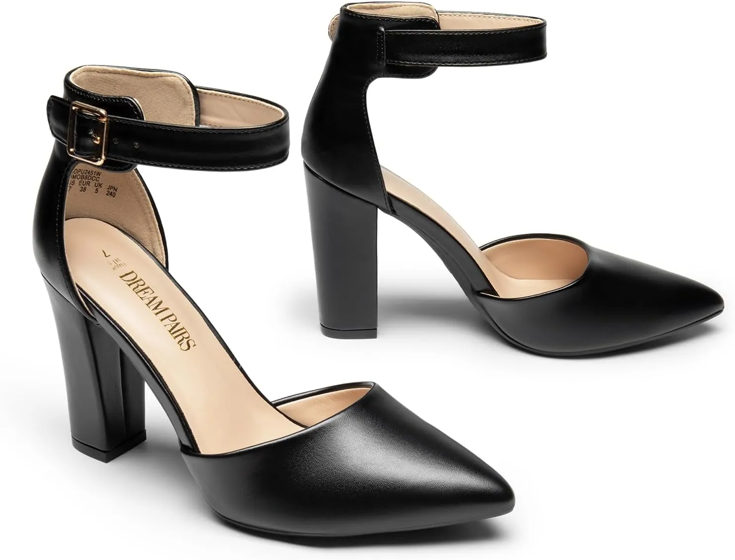DREAM PAIRS Women's Chunky High Heels Dress Pumps Closed Pointed Toe Block Ankle Strap Shoes for Wedding Party