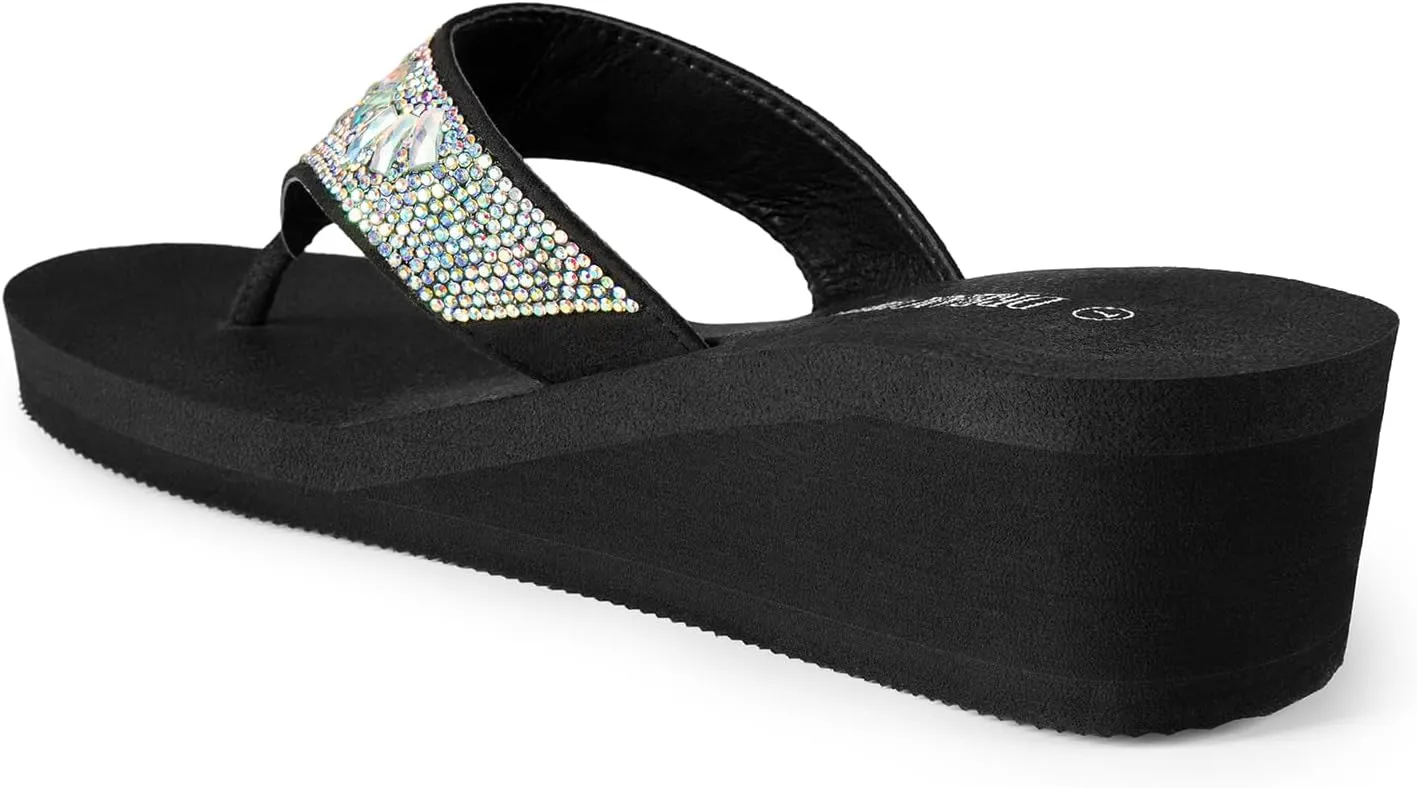 DREAM PAIRS Women's Rhinestone Platform Wedge Flip Flops Summer Beach Comfortable Thong Sandals