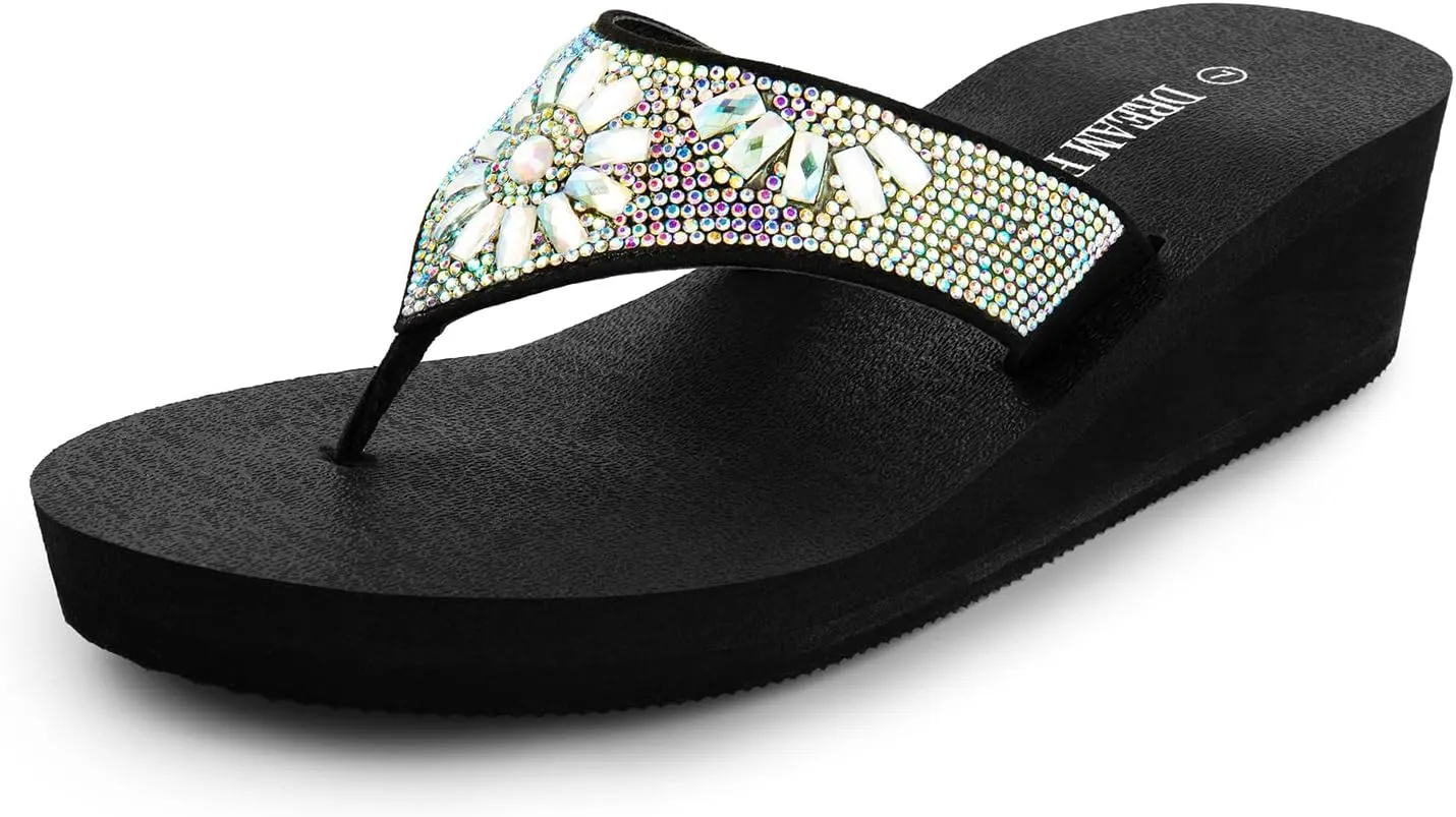 DREAM PAIRS Women's Rhinestone Platform Wedge Flip Flops Summer Beach Comfortable Thong Sandals