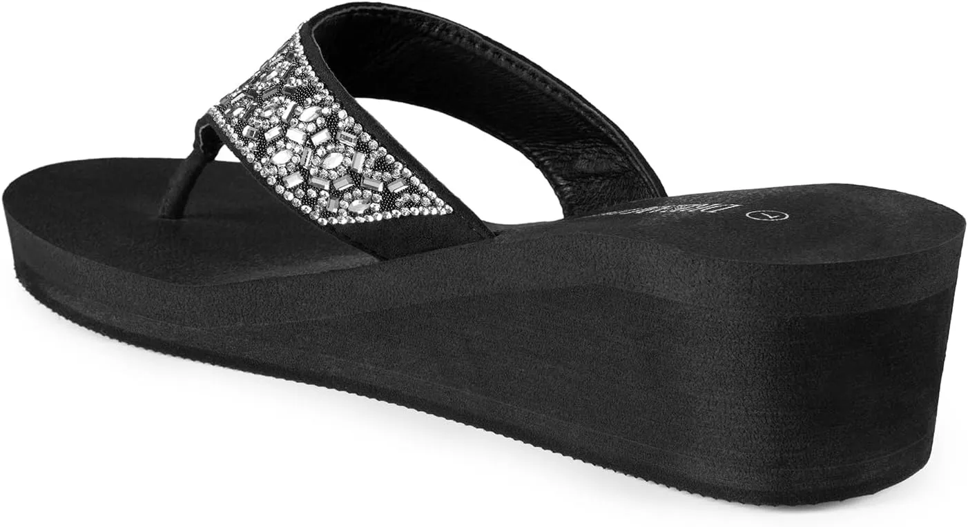DREAM PAIRS Women's Rhinestone Platform Wedge Flip Flops Summer Beach Comfortable Thong Sandals