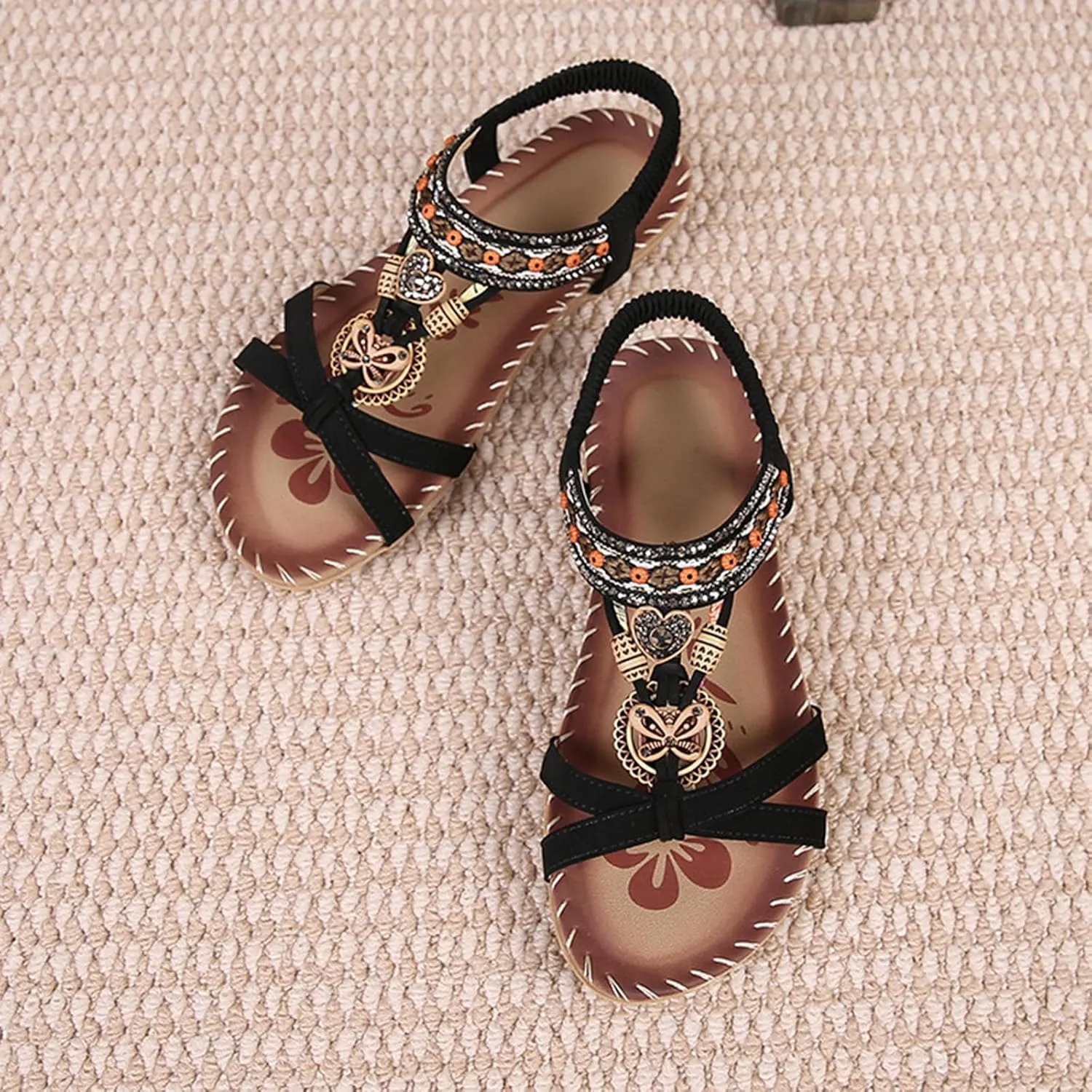 Dressy Sandals Women Summer Holiday Sandals Comfortable Shoes Boho Open Toe Ankle Elastic Sandals for Beach Walking