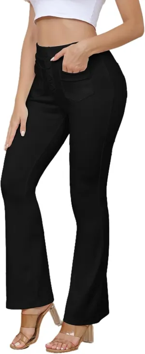 ECHOINE Womens Casual High Waisted Stretchy Bootcut Dress Pants Button Business Work Trousers with Multiple Pockets