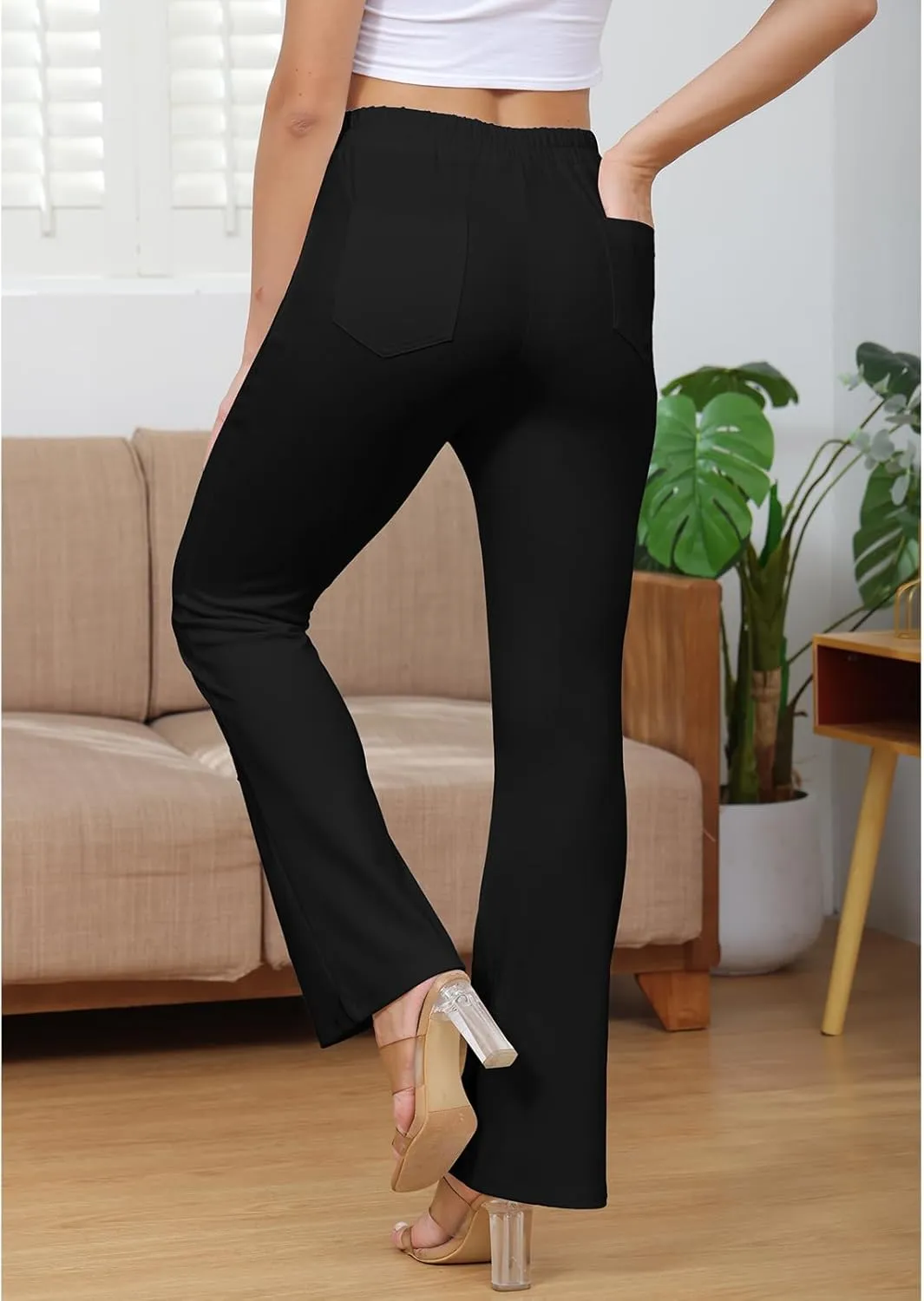 ECHOINE Womens Casual High Waisted Stretchy Bootcut Dress Pants Button Business Work Trousers with Multiple Pockets