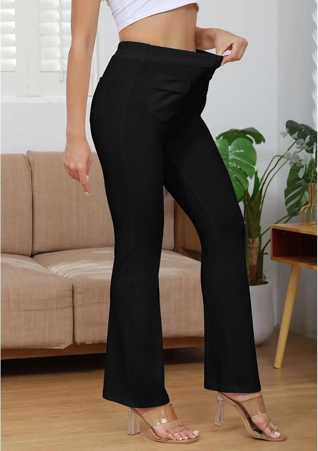 ECHOINE Womens Casual High Waisted Stretchy Bootcut Dress Pants Button Business Work Trousers with Multiple Pockets