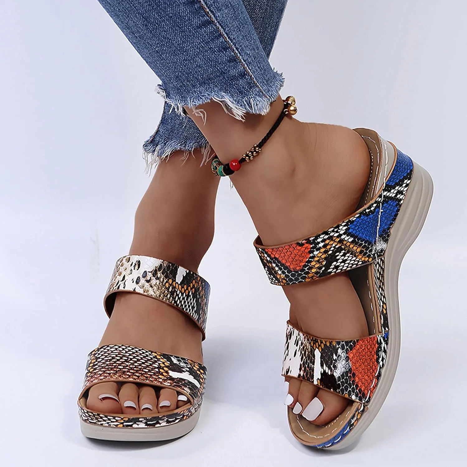 Eduavar Wedge Sandals for Women, Womens Sandals Dressy Summer Beach Sandals Lace Trim Ring Toe Floral Flat Sandals