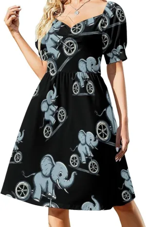 Elephant Rider Bicycle Acrobatics Women Casual Dresses Puff Sleeves Sundress Printed High Waist