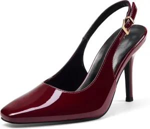Elisabet Tang Women's Slingback High Heels, Square Toe with Metal Buckle, Patent Leather 3.4 Inch Stiletto Pumps for Wedding and Party Styles