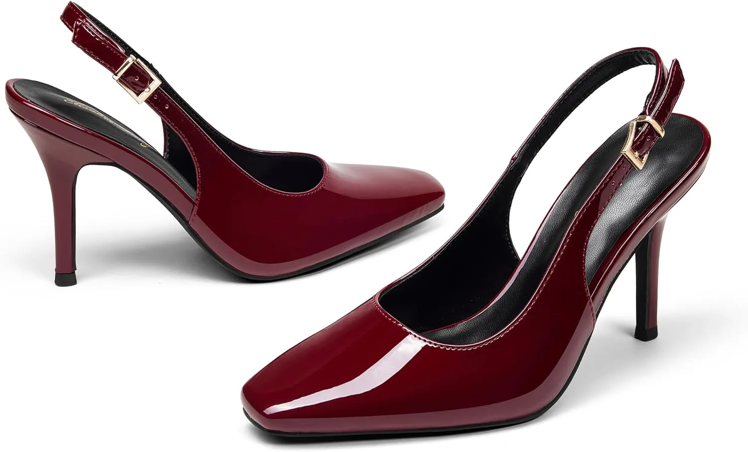 Elisabet Tang Women's Slingback High Heels, Square Toe with Metal Buckle, Patent Leather 3.4 Inch Stiletto Pumps for Wedding and Party Styles