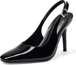 Elisabet Tang Women's Slingback High Heels, Square Toe with Metal Buckle, Patent Leather 3.4 Inch Stiletto Pumps for Wedding and Party Styles