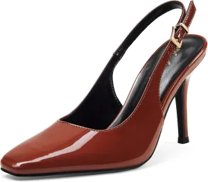 Elisabet Tang Women's Slingback High Heels, Square Toe with Metal Buckle, Patent Leather 3.4 Inch Stiletto Pumps for Wedding and Party Styles