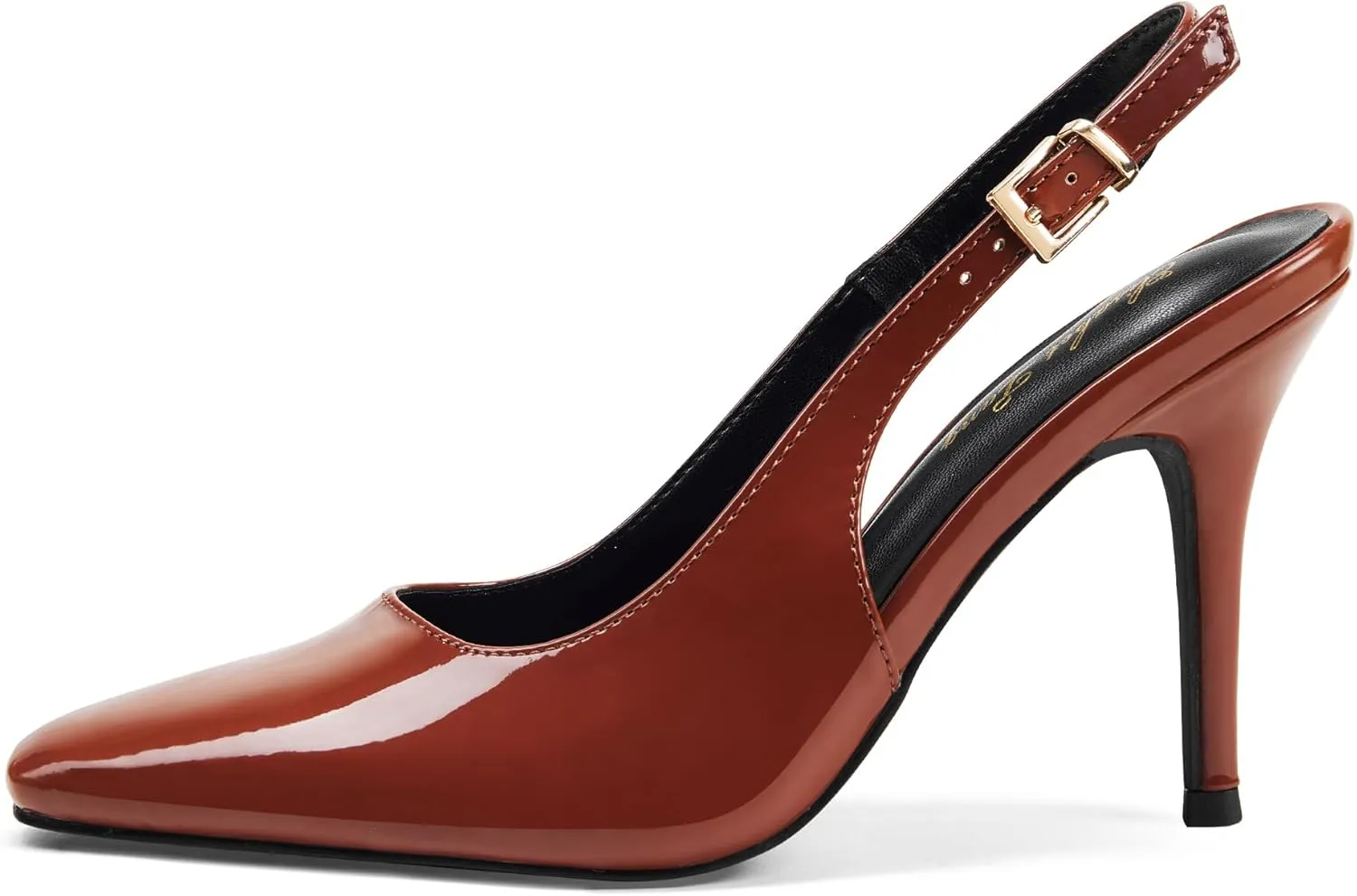 Elisabet Tang Women's Slingback High Heels, Square Toe with Metal Buckle, Patent Leather 3.4 Inch Stiletto Pumps for Wedding and Party Styles