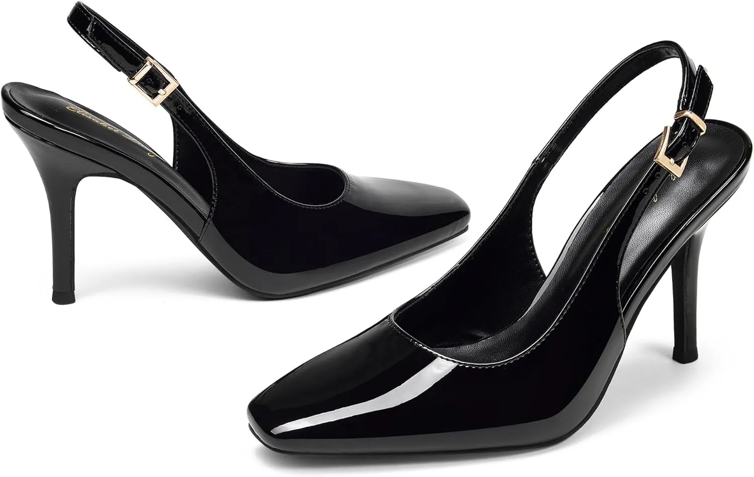 Elisabet Tang Women's Slingback High Heels, Square Toe with Metal Buckle, Patent Leather 3.4 Inch Stiletto Pumps for Wedding and Party Styles
