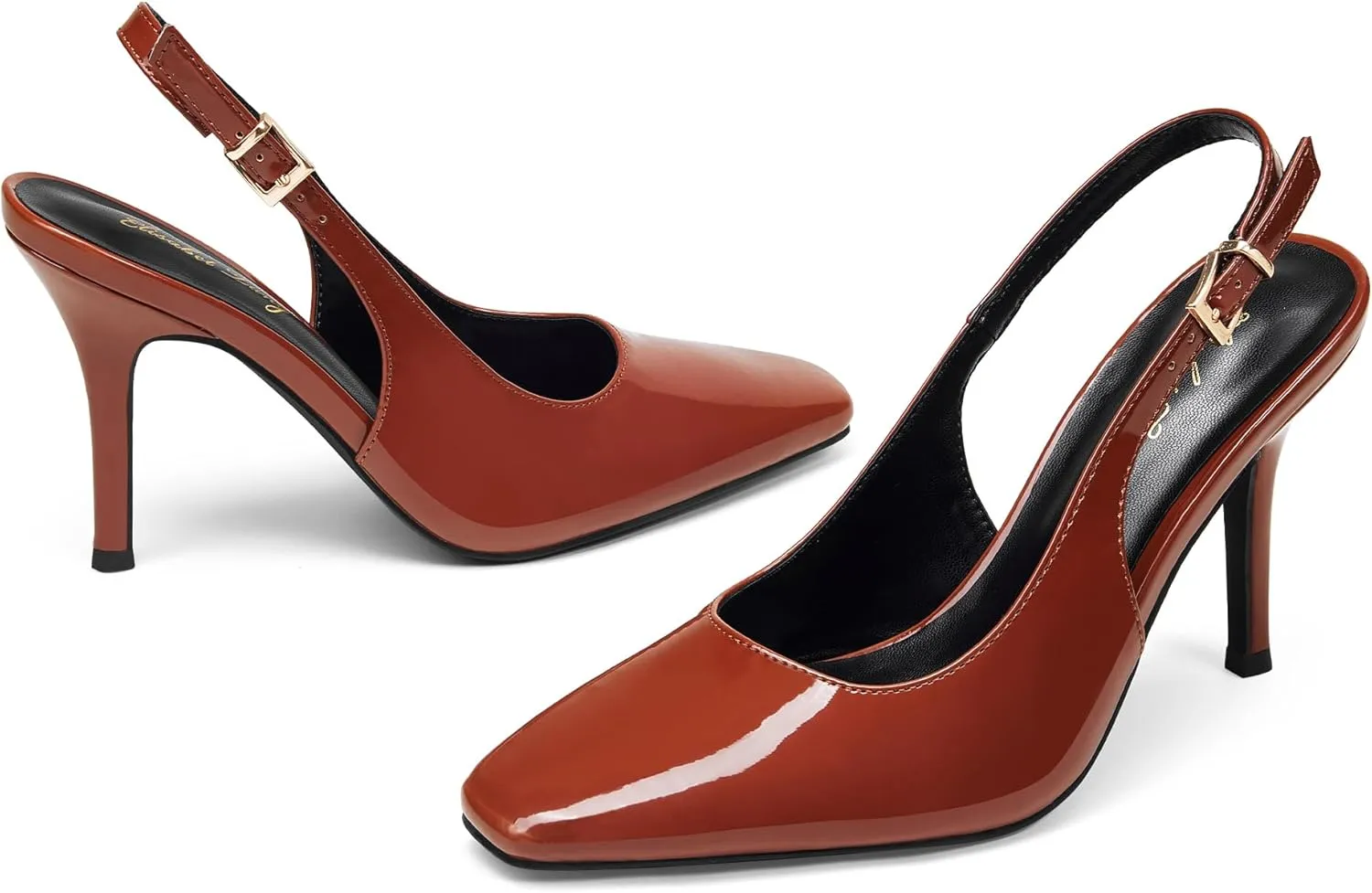 Elisabet Tang Women's Slingback High Heels, Square Toe with Metal Buckle, Patent Leather 3.4 Inch Stiletto Pumps for Wedding and Party Styles