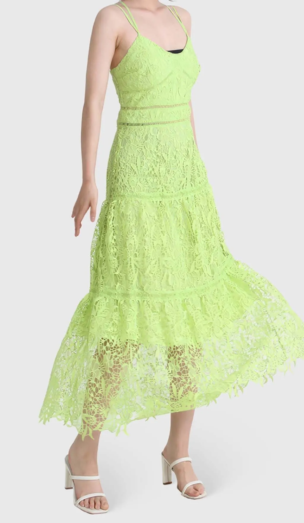 Embroidery Strappy Midi Dress In Green