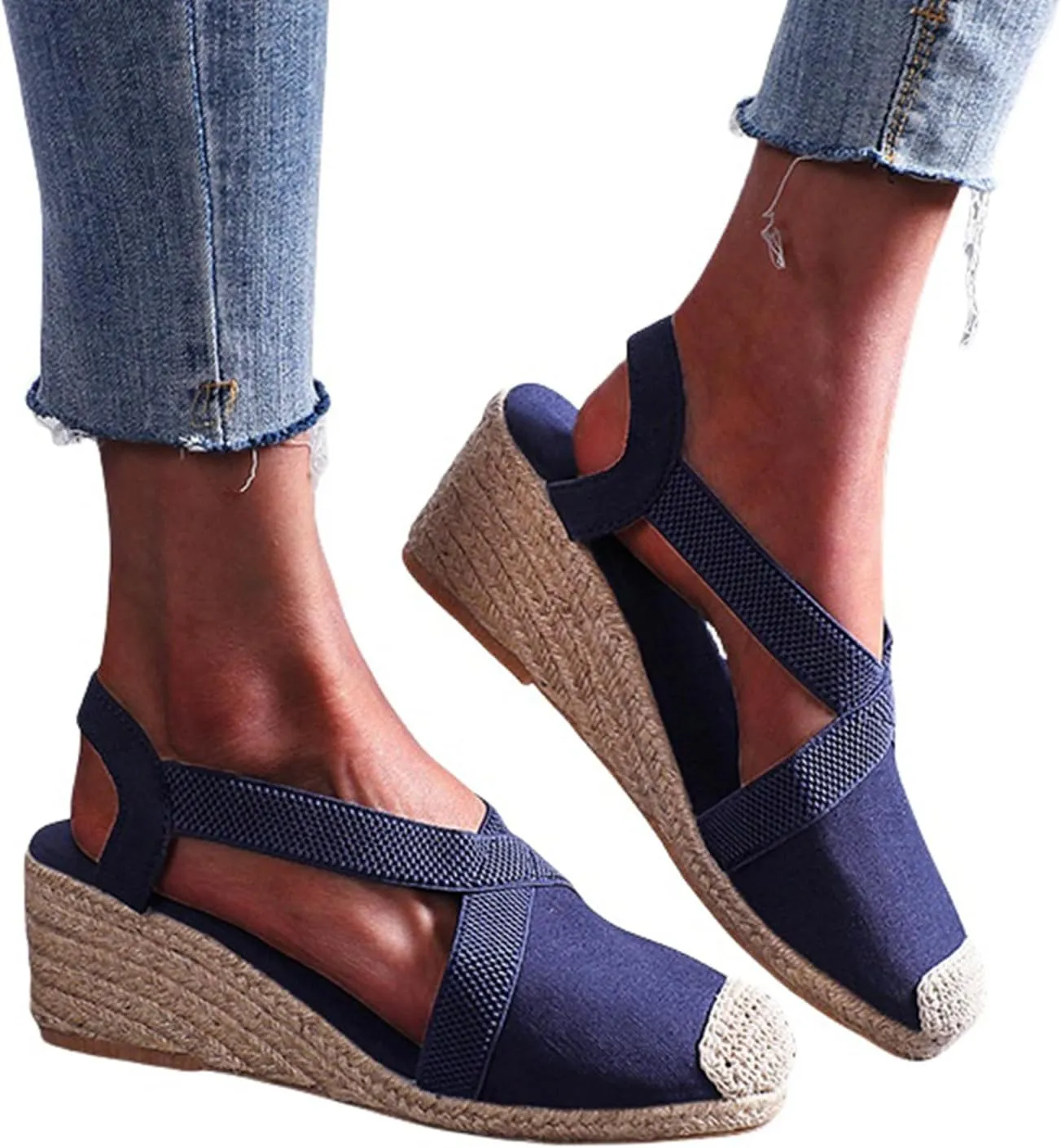 Espadrilles Wedges for Women Casual Platform Slip On Close Toe Sandals Criss Cross Elastic Ankle Strap High Heel Sandals Comfortable Slingback Shoes