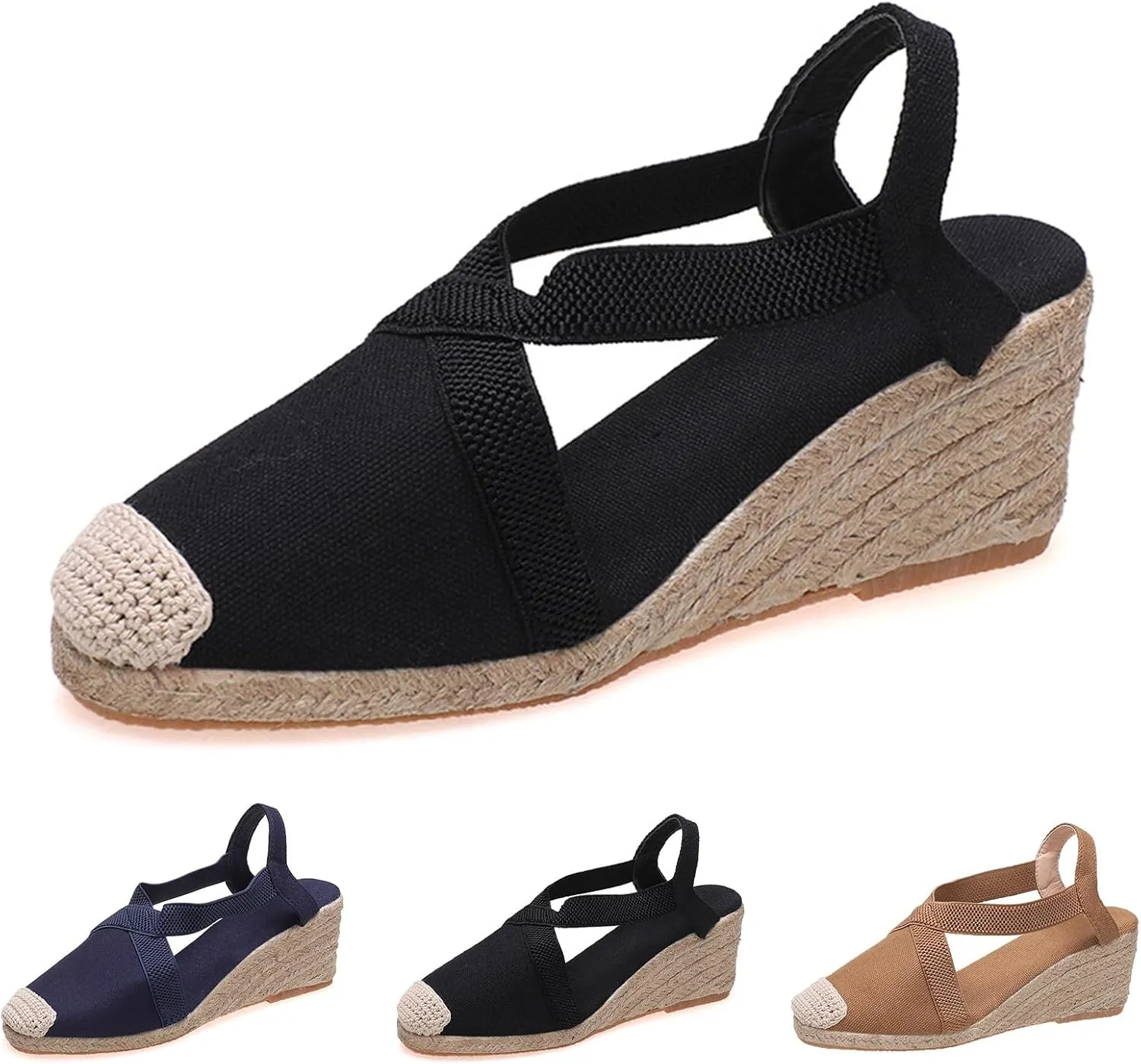 Espadrilles Wedges for Women Casual Platform Slip On Close Toe Sandals Criss Cross Elastic Ankle Strap High Heel Sandals Comfortable Slingback Shoes