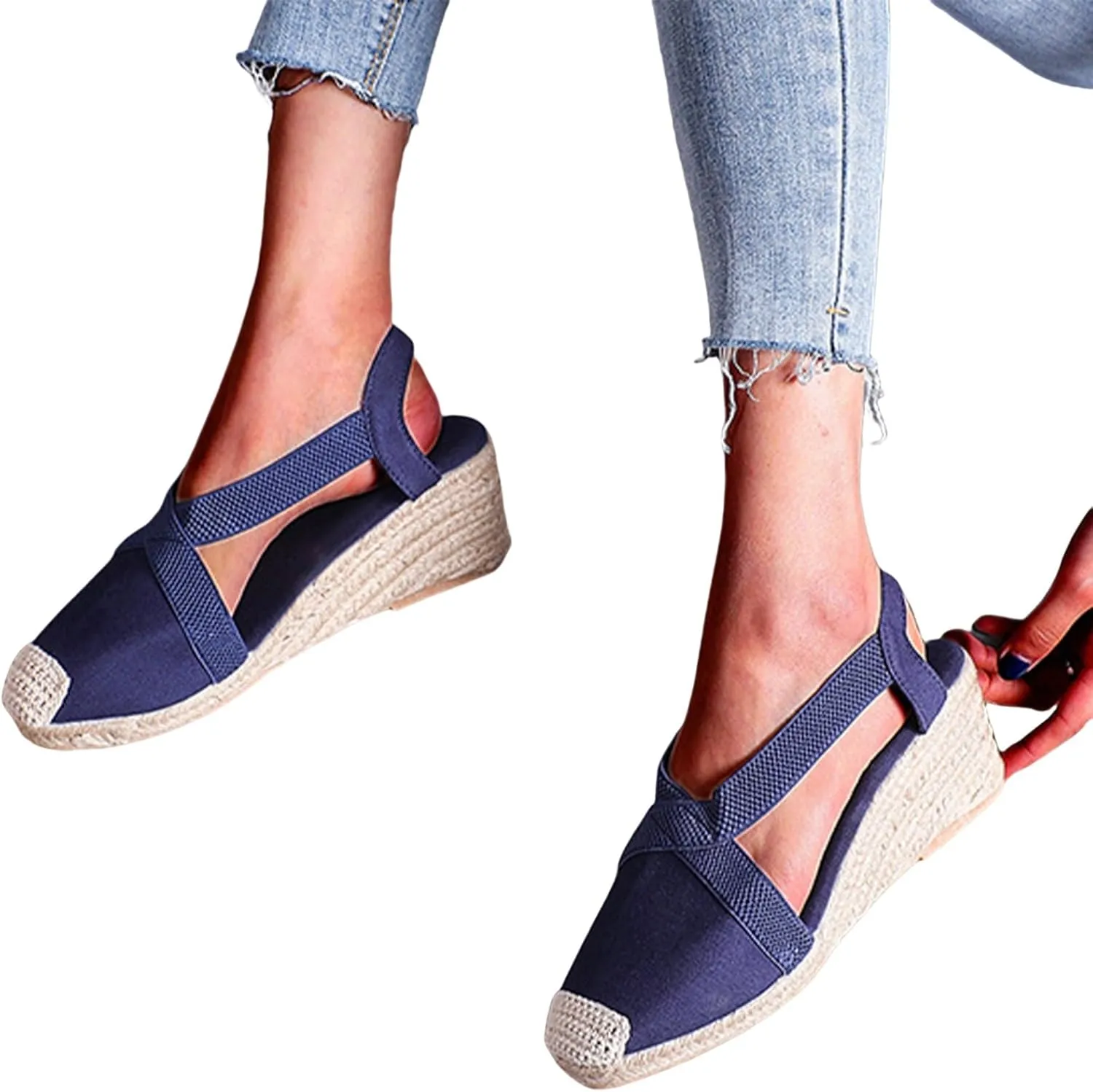 Espadrilles Wedges for Women Casual Platform Slip On Close Toe Sandals Criss Cross Elastic Ankle Strap High Heel Sandals Comfortable Slingback Shoes