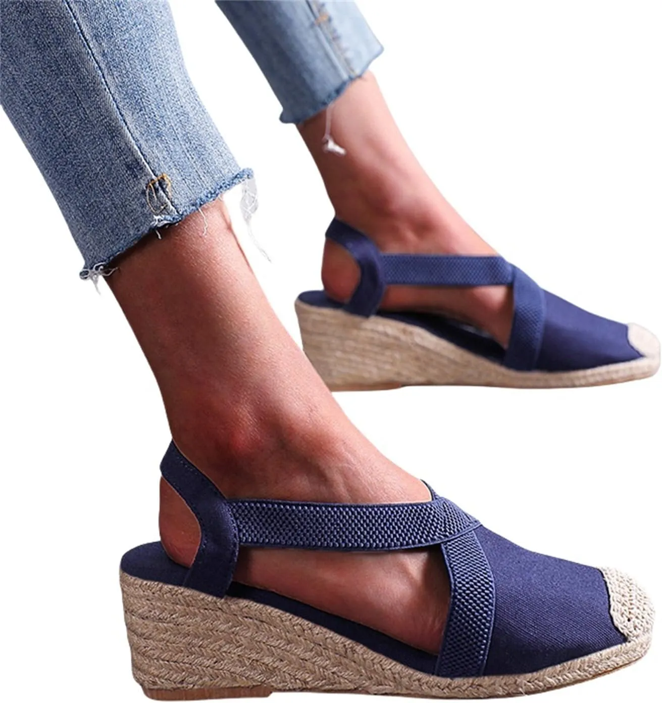 Espadrilles Wedges for Women Casual Platform Slip On Close Toe Sandals Criss Cross Elastic Ankle Strap High Heel Sandals Comfortable Slingback Shoes