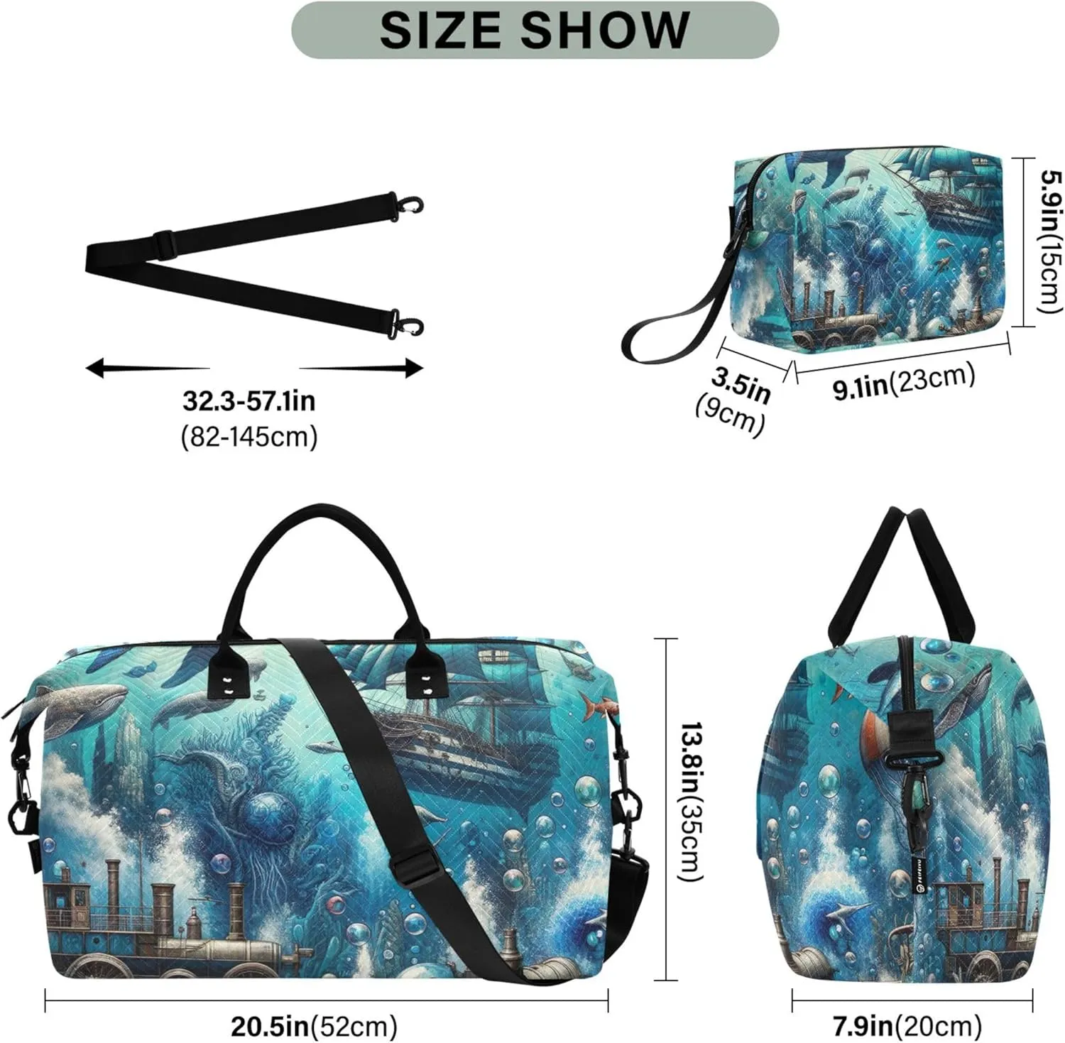 Fantasy Vintage Ocean Lives Duffel Bag Womens Cosmetic Bags Set of 2, Prints Womens Sports Dance Bag Weekender Bags