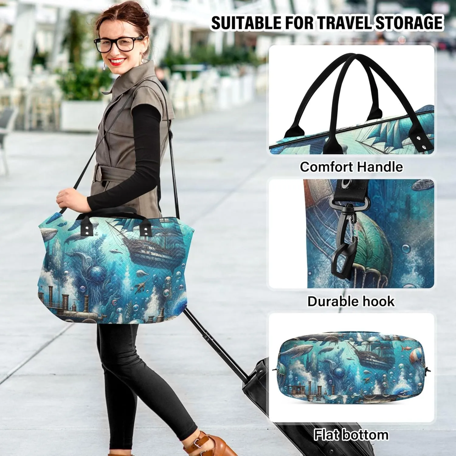 Fantasy Vintage Ocean Lives Duffel Bag Womens Cosmetic Bags Set of 2, Prints Womens Sports Dance Bag Weekender Bags