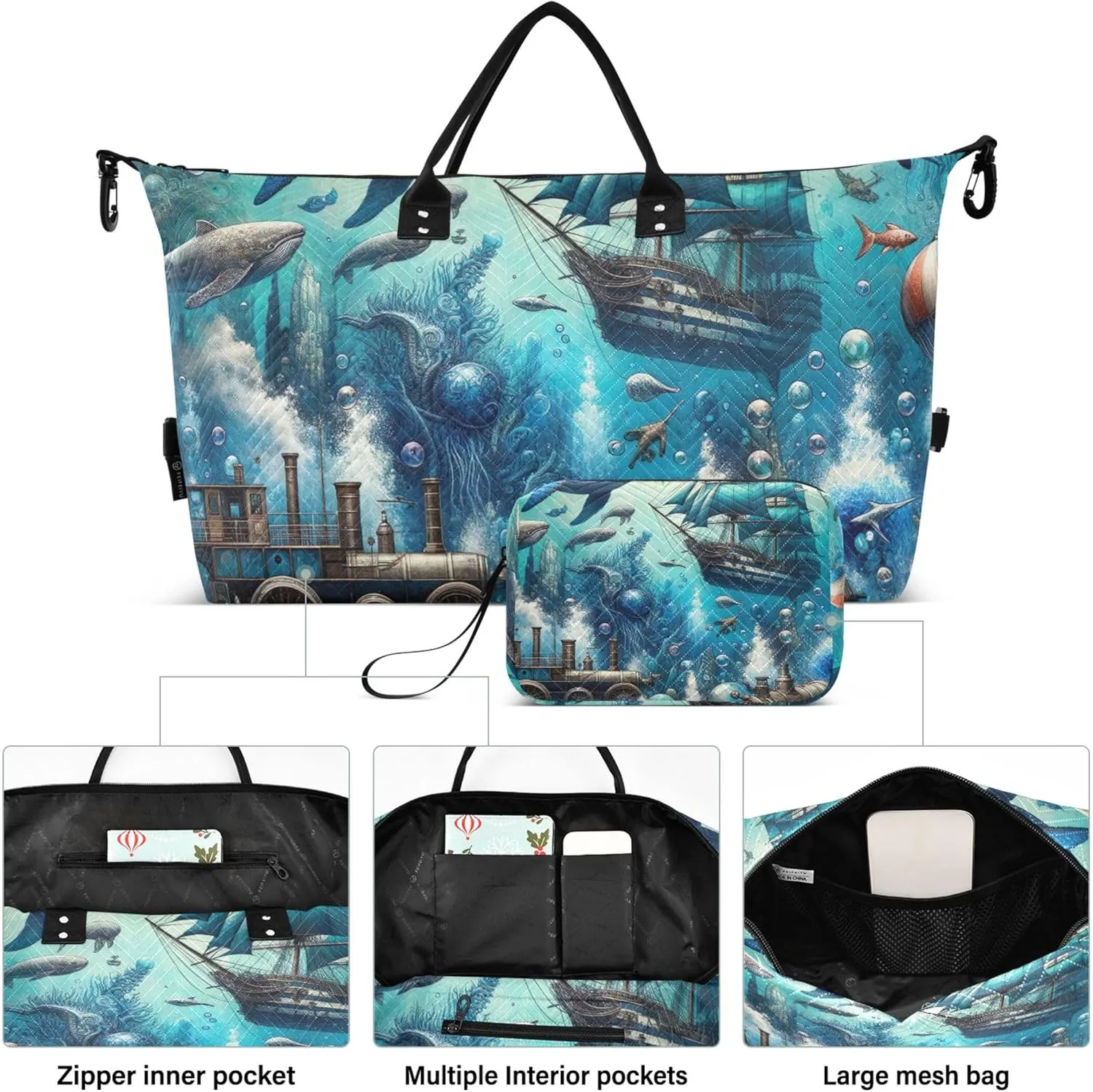 Fantasy Vintage Ocean Lives Duffel Bag Womens Cosmetic Bags Set of 2, Prints Womens Sports Dance Bag Weekender Bags