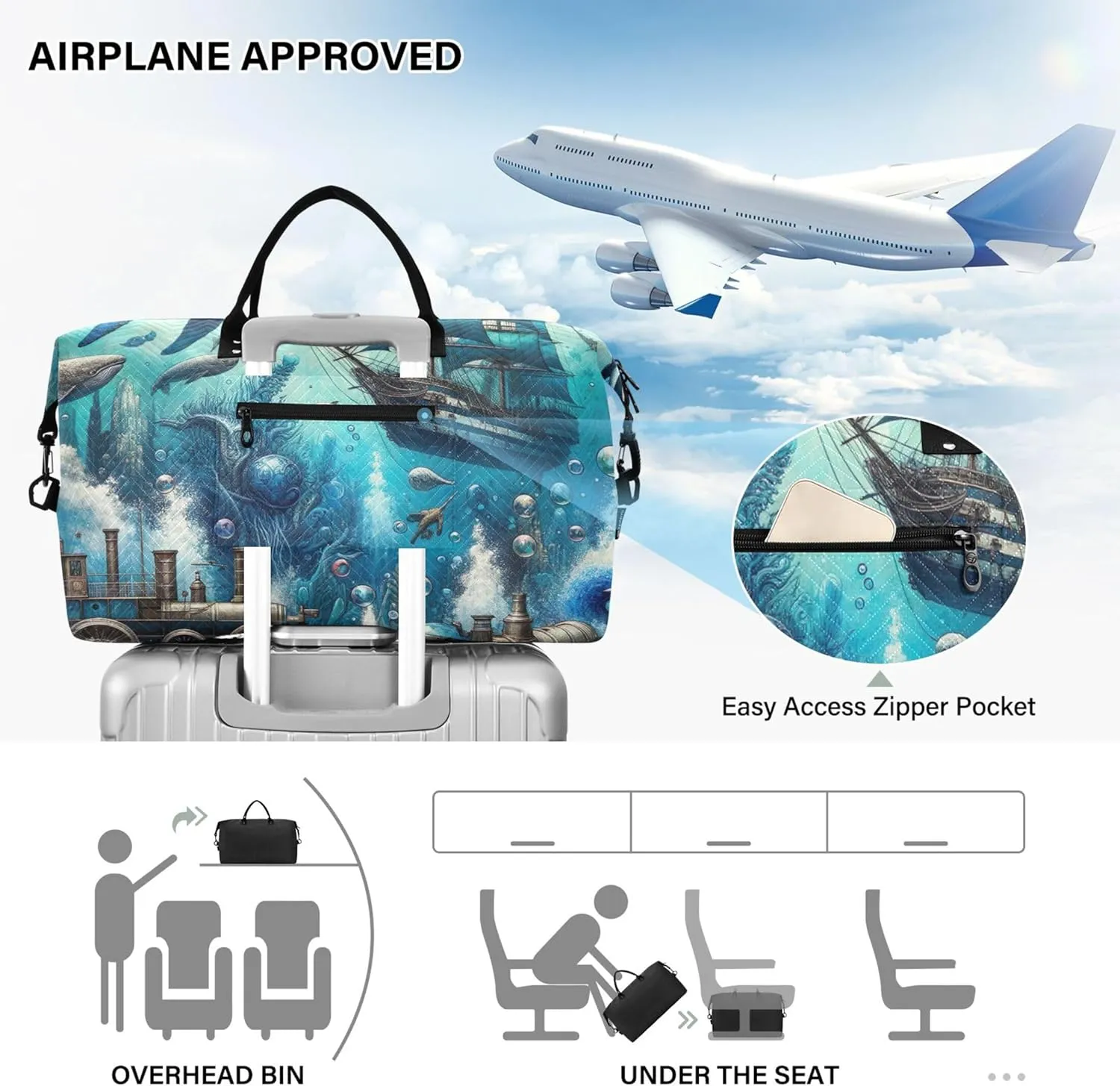 Fantasy Vintage Ocean Lives Duffel Bag Womens Cosmetic Bags Set of 2, Prints Womens Sports Dance Bag Weekender Bags